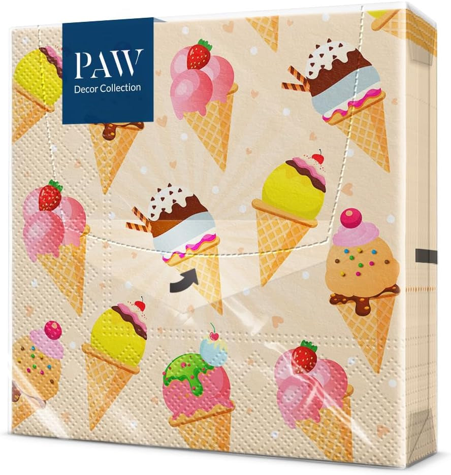 PAW - Servilletas de 3 capas (33 x 33 cm) I 20 piezas I Perfectas para fiestas, cumpleaños, días festivos I Decoración de mesa para fiestas infantiles - Servilletas de papel con motivos de colores - Helado I Helado