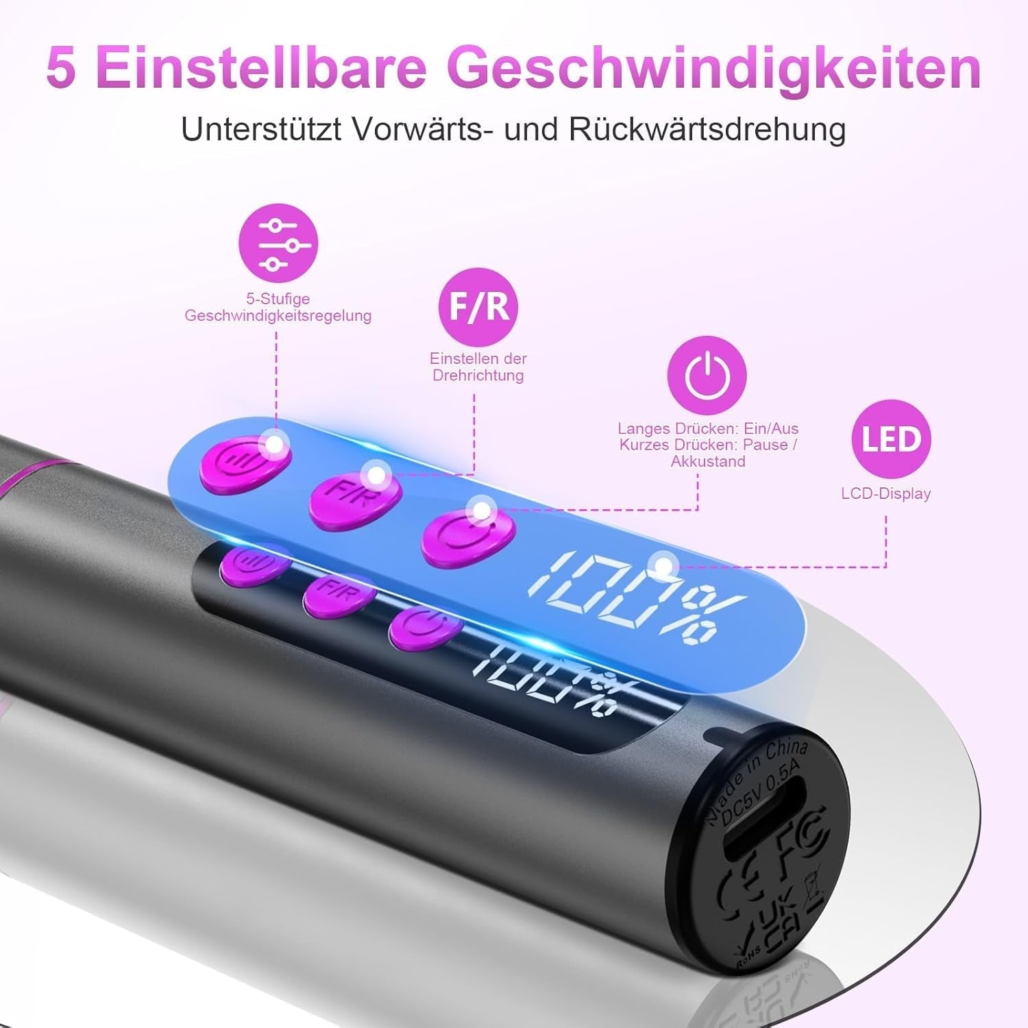 Lima de uñas eléctrica inalámbrica - 35000 RPM para uñas de gel, lima de uñas profesional y acrílica 12 en 1, juego de manicura y pedicura de 5 velocidades