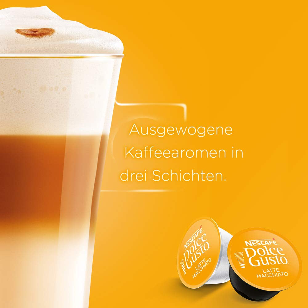 NESCAFÉ Dolce Gusto Latte Macchiato, 48 Kaffeekapseln, Aromatischer Espresso, 3-Schichten - Köstlichkeit aus feinem Milchschaum, Aromaversiegelte Kapseln, Paquete de 9 (3x16 Kapseln)