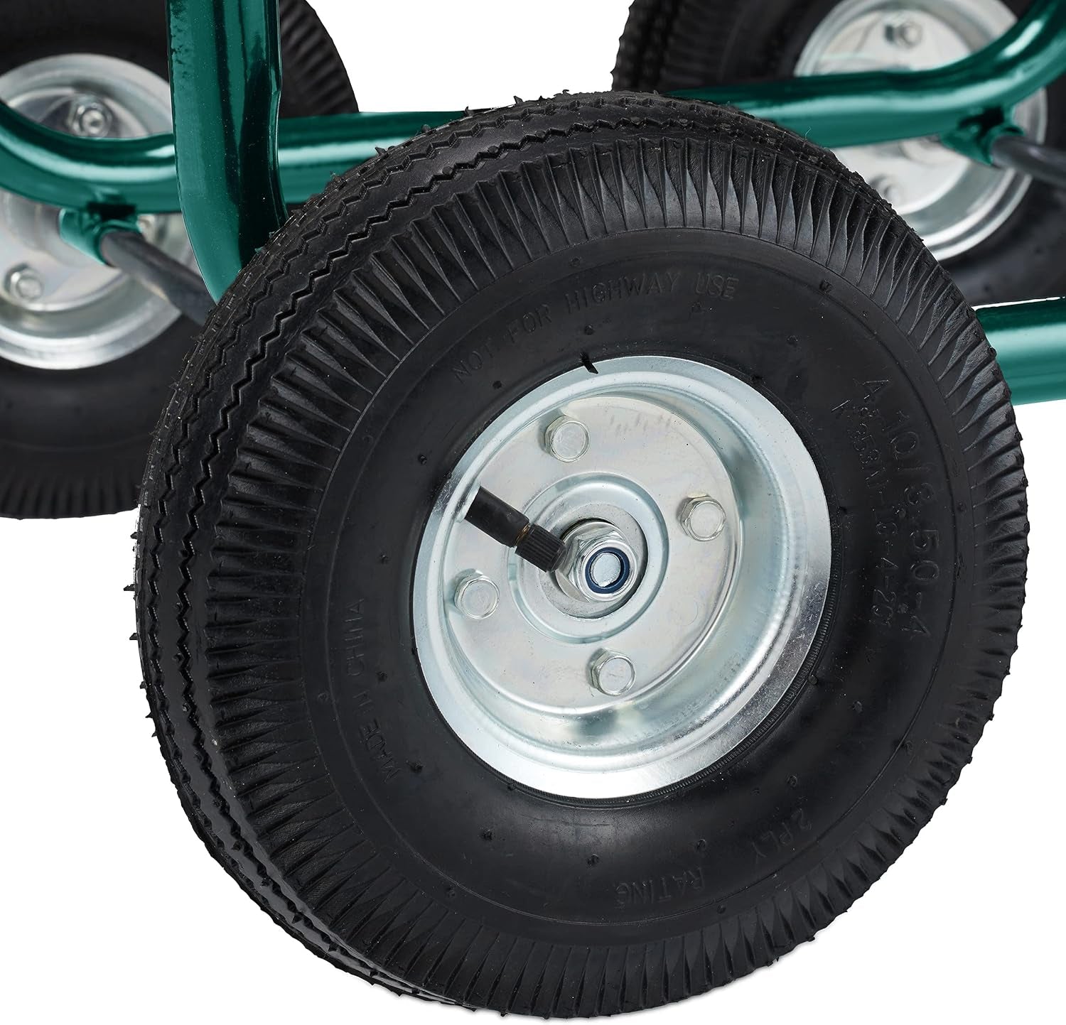 Relaxdays Carro portamangueras, hasta 90 m, 4 neumáticos, acoplamiento de clic, enrollador de mangueras de metal, distribuidor de mangueras con cesta, verde