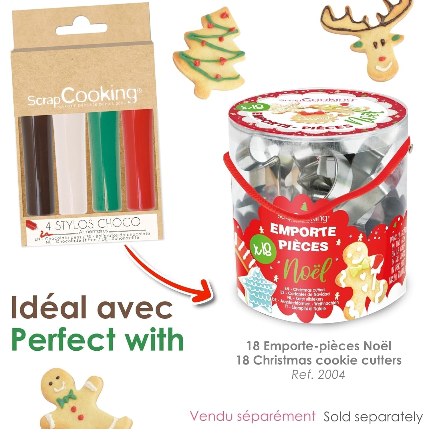 Scrapcooking - Juego de 4 Lápices de Colores Chocolate Navideño - Marrón, Blanco, Verde y Rojo - Colorante Comestible - Colorante Alimentario para Escribir - Escribir y Dibujar sobre Postres, Tartas y Galletas - 7060