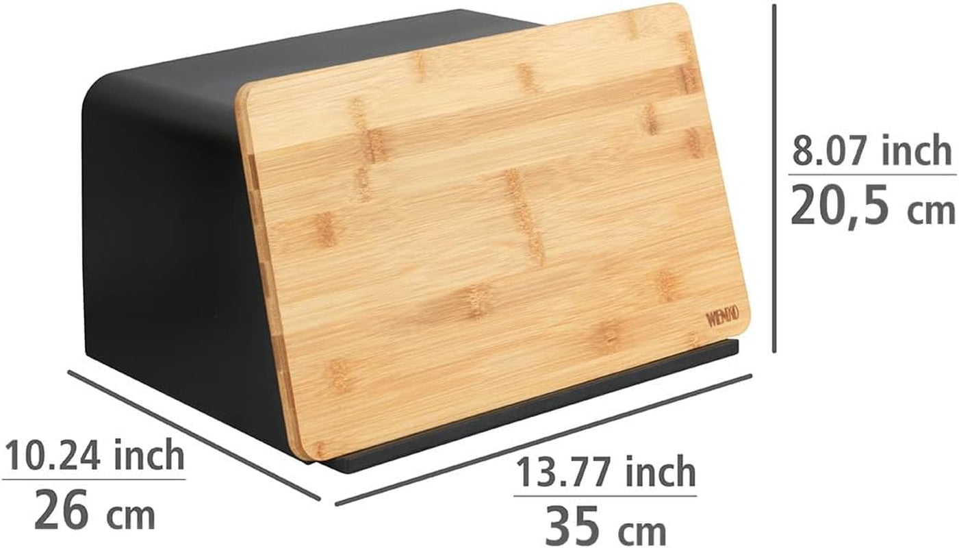 WENKO Kubo Panera con Tabla de Bambú, Versátil Panera con Tapa y Tabla de Cortar de Bambú Integrada, Caja de Almacenamiento de Alimentos, Almacenamiento de Pan Duradero, 35 x 20,5 x 26 cm, Cajas de Almacenamiento de Alimentos Negras/Naturales Naty Shop