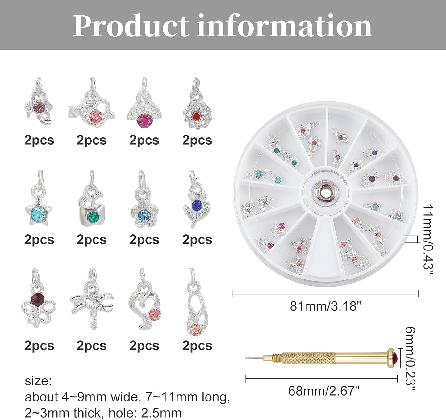 OLYCRAFT 24 piezas Nagelschmuck Ringe Dangle Nail Art Zubehör Mit Nagelpiercing Tool Nagelbohrer Manueller Bohrer Aus Legierung para puntas, acrílico, gel y decoración
