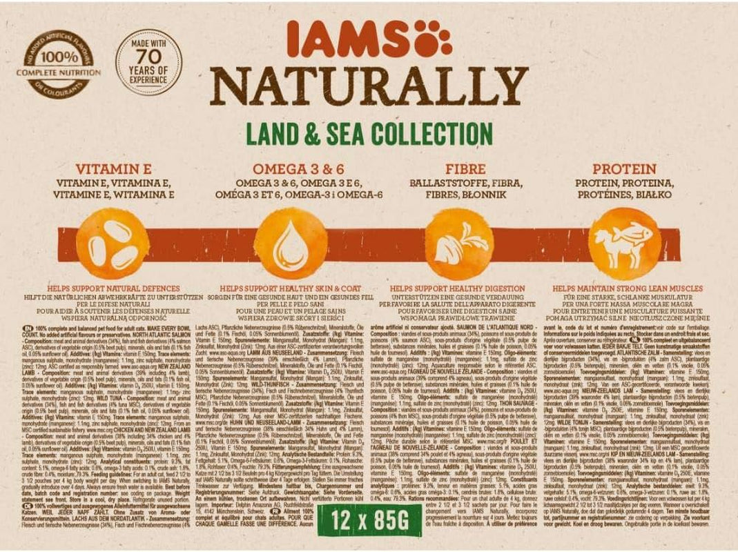 IAMS Comida húmeda natural para gatos en salsa - Comida húmeda de carne y pescado de alta calidad para gatos adultos, Colección Land & Sea, 12 x 85 g