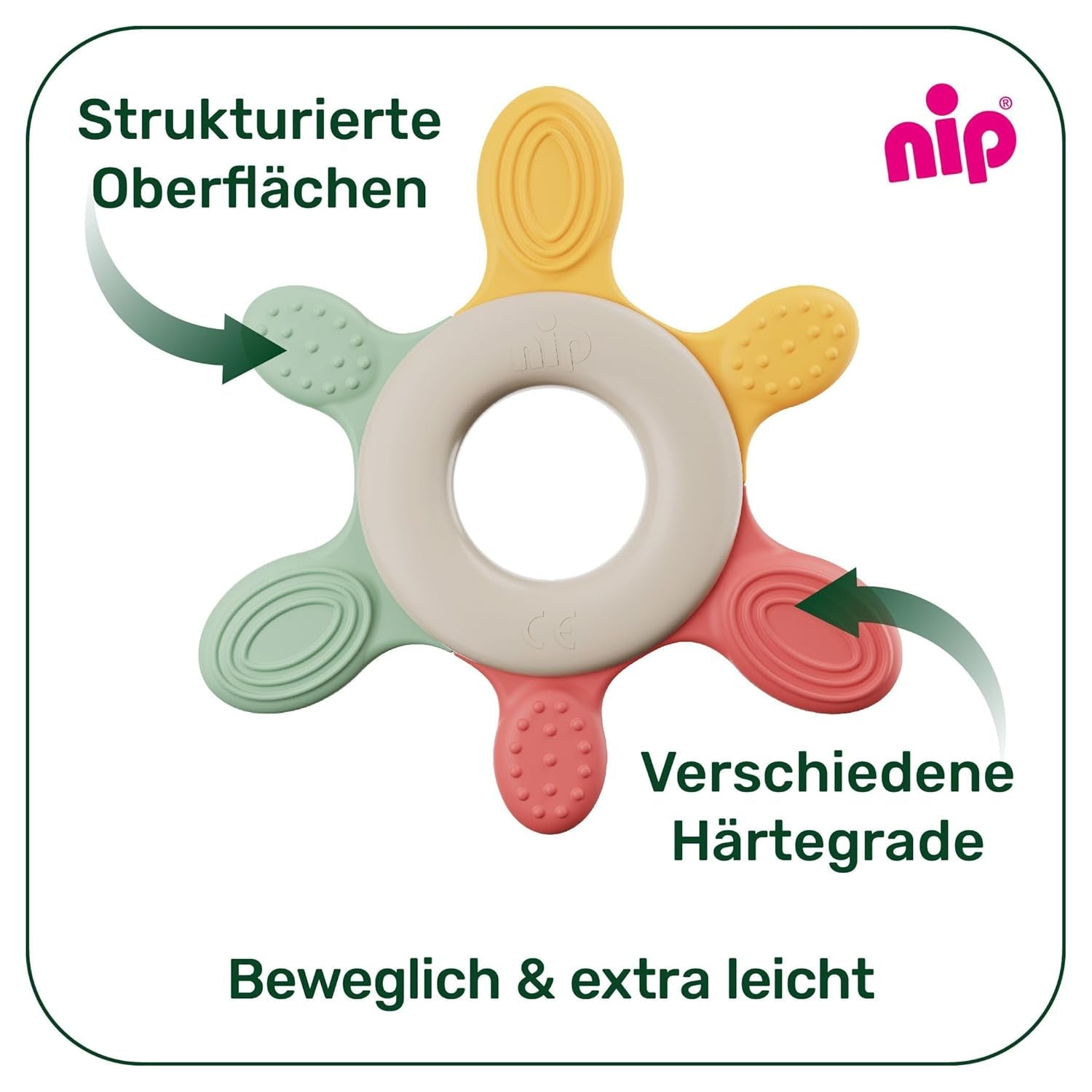 nip – Anillo de dentición | Mordedor sostenible para bebés a partir de 3 meses, elaborado con más de un 65% de materias primas naturales. Para un suave masaje de encías, lengua y dientes | Rojo/Verde/Naranja
