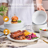 Juego de vajilla de 12 piezas, vajilla de porcelana para 4, vajilla blanca con platos, platos de postre y tazones de cereales