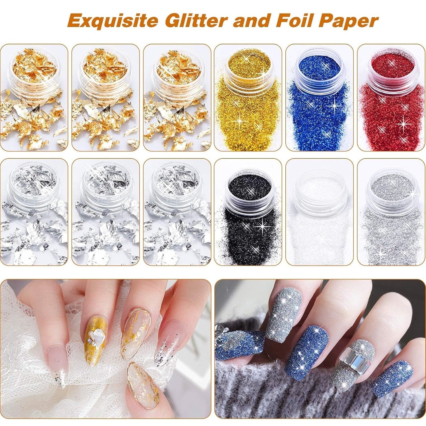MELLIEX Juego de 45 accesorios para decoración de uñas, Nägel Pinsel Strasssteine ​​​​Glitzer Goldfolie Nageldesign Dotted Pen Streifenband para Nagelkunst Maniküre Set