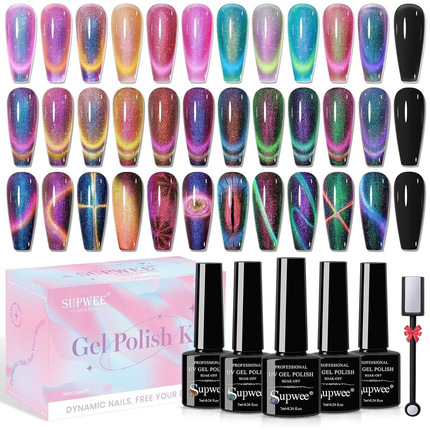 SUPWEE Herramienta de imán de uñas 5 en 1, imán de ojo de gato rosa para uñas multifunción, imán magnético 3D DIY Magic Stick Pen Set Nail Art Magnet Stick para Nail Art Diy-Zubehör