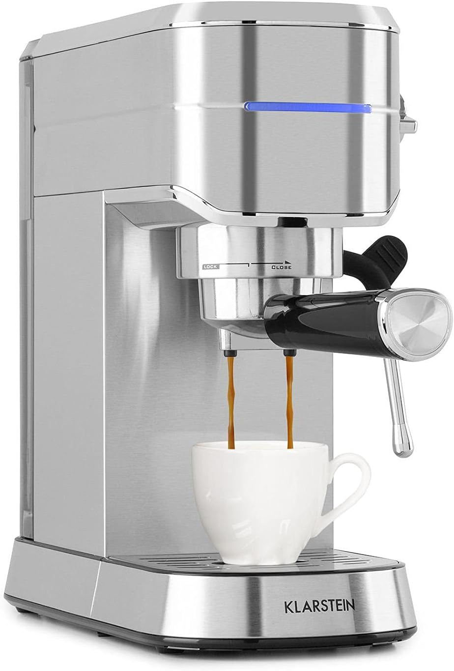 Klarstein Futura Cafetera espresso, Cafetera espresso portátil con filtro, 1450 W, 20 bar, Calidad barista, Doble boquilla, Parada de flujo, Cafetera espresso portátil con filtro, Función espumador de leche, Plata