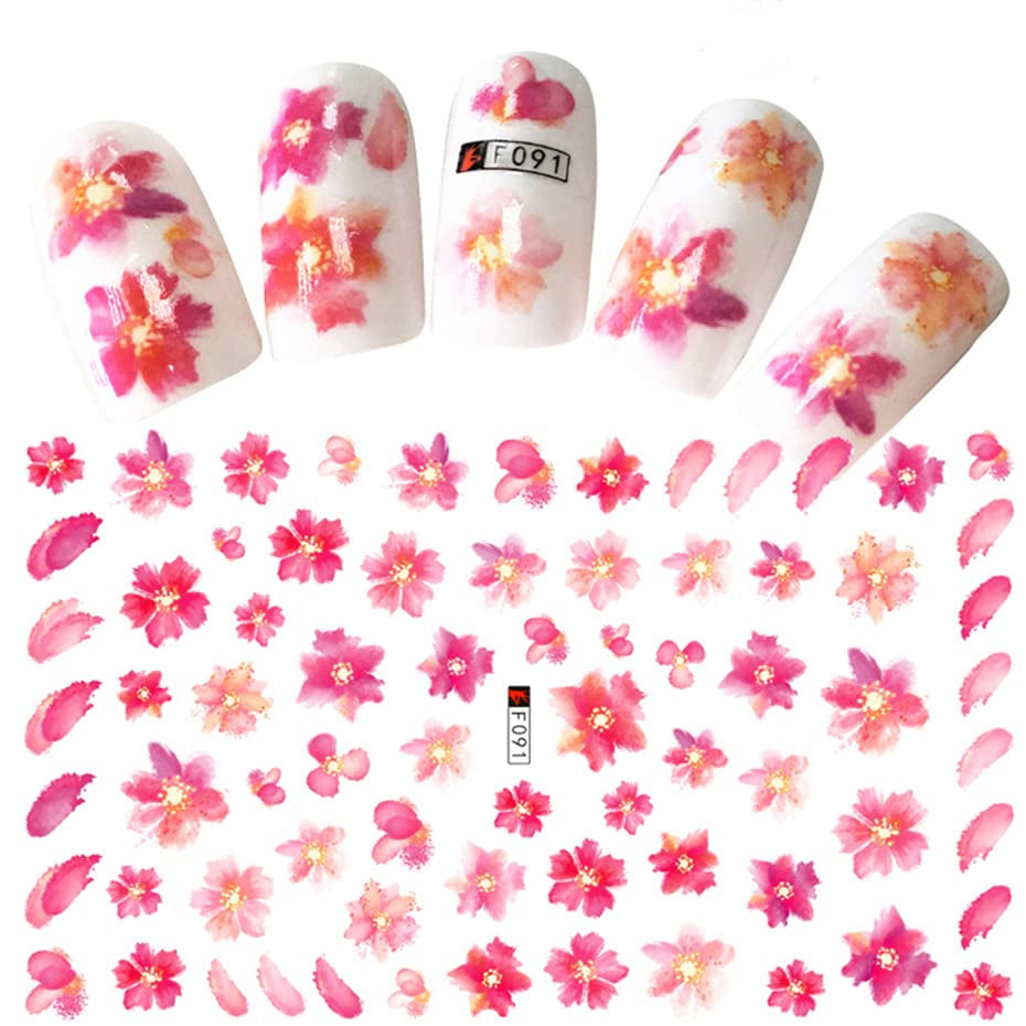 JMEOWIO Nagelsticker Frühling Blume 9 Blatt Nagelaufkleber Selbstklebend Rosa Blüte Nail Art Sticker Decoración Nageldesign Zubehör