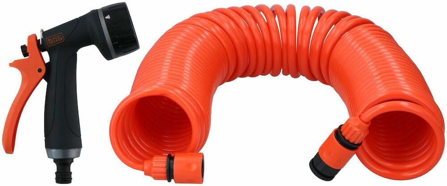 BLACK+DECKER Manguera en espiral 15M - Manguera de jardín que incluye rociador de jardín y accesorios de 1/2" - Plástico - Naranja/Negro