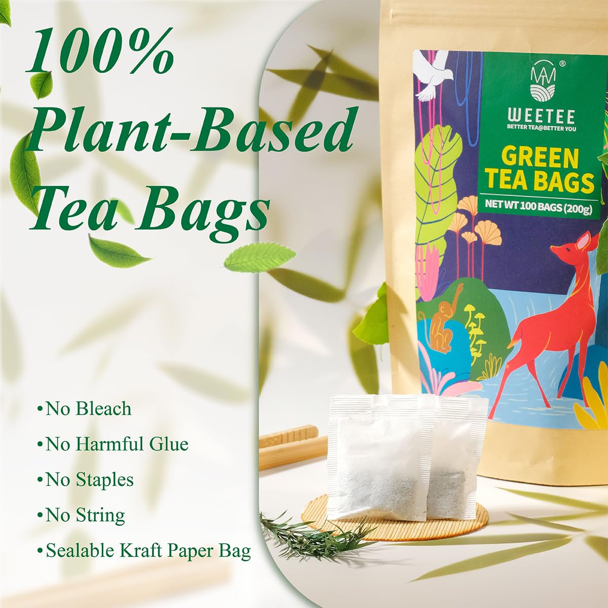 WEETEE Bolsitas de té verde, 100 piezas de bolsitas de té verde, té verde puro, súper antioxidante | Bolsitas resellables | Preparación fría o caliente