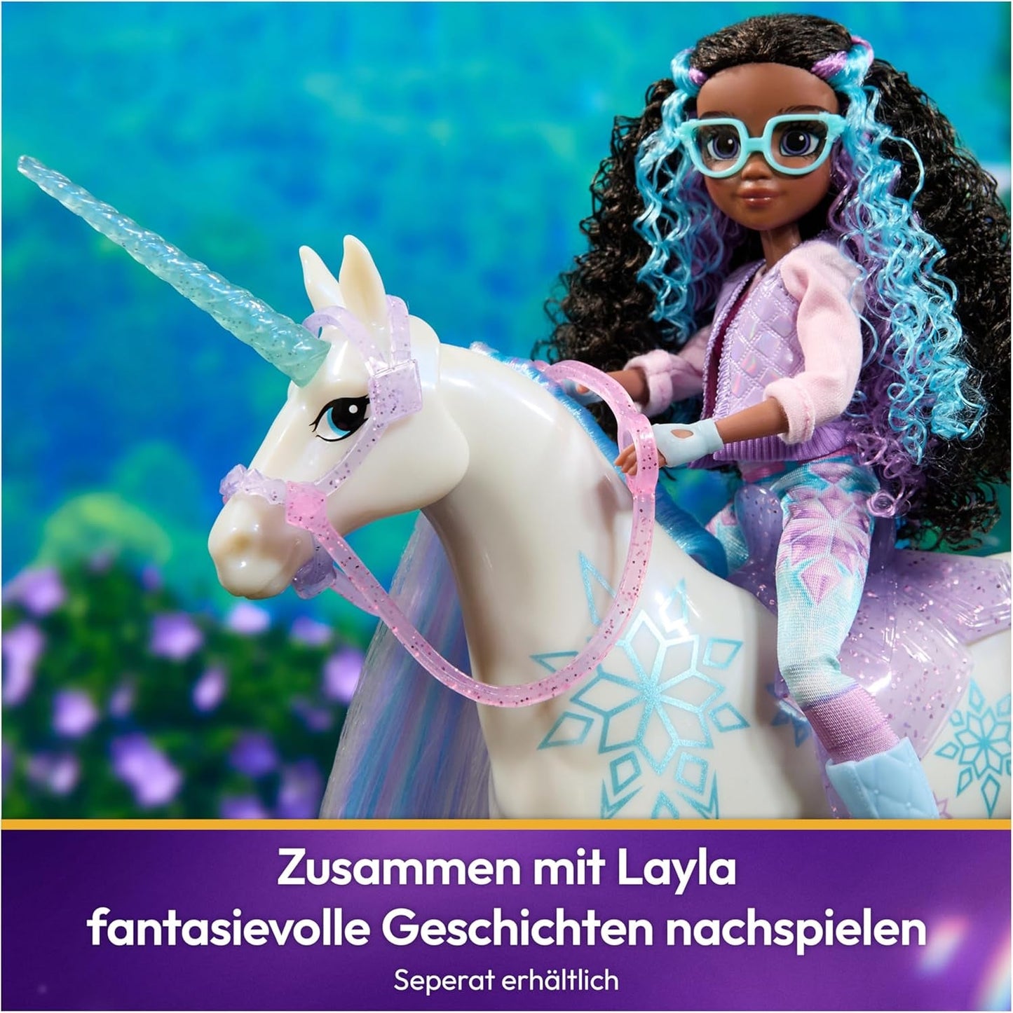 Unicorn Academy Unicorn Glacier: 28 cm de altura, el unicornio original de Netflix de Layla con melena y cola reales, brida, silla y cepillo extraíbles, para edades de 4 años en adelante