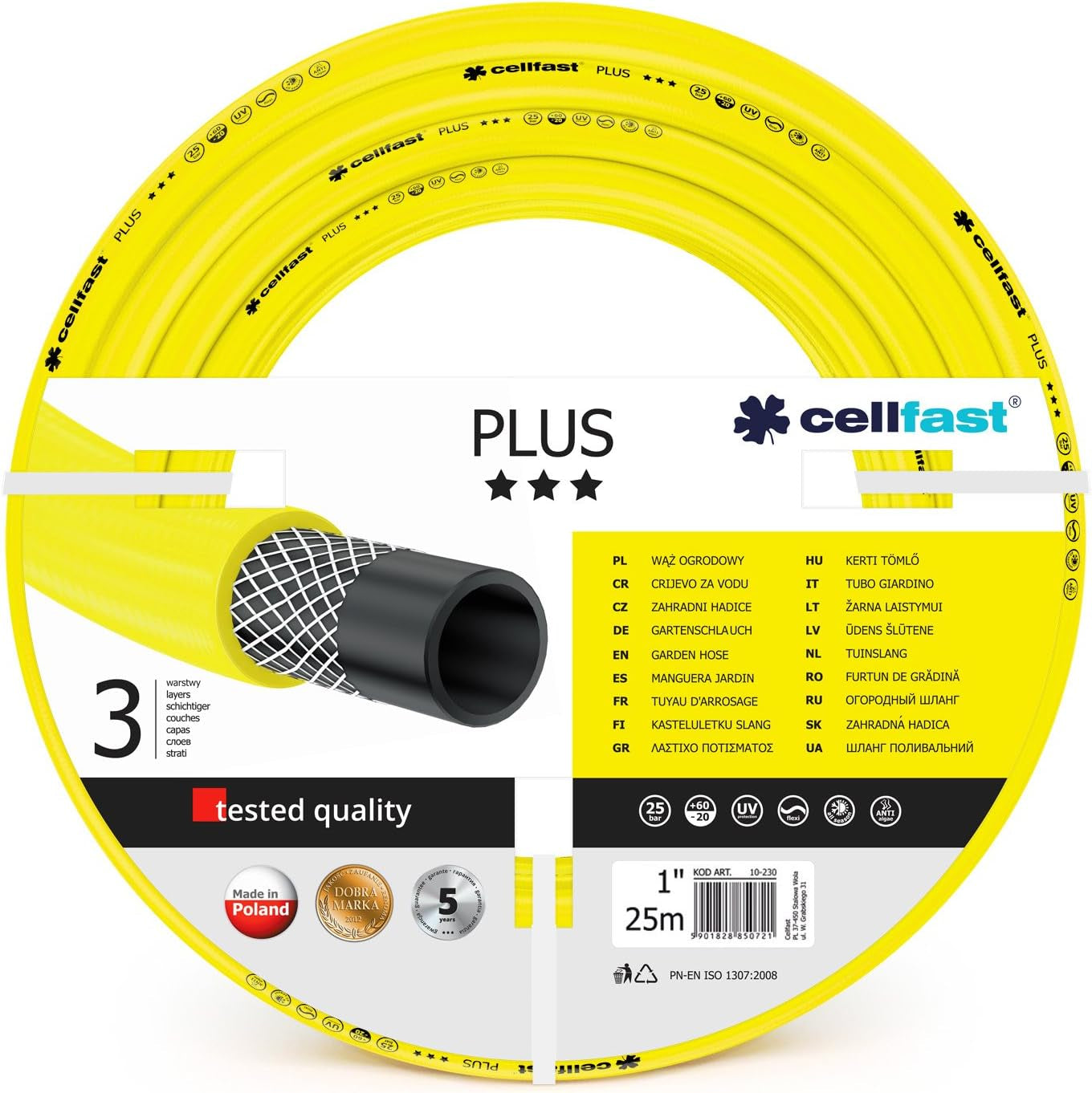 CELLFAST Manguera de jardín Manguera de agua de 3 capas de 3,4 pulgadas Manguera de riego flexible para jardín con refuerzo de alambre duradero Resistente a los rayos UV Antialgas 25 bar 50 metros y más