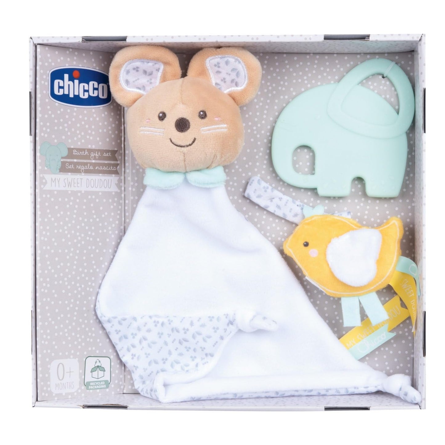 Chicco, Set de regalo para bebé My Sweet Doudou, suave manta DouDou, chupete de terciopelo, mordedor de elefante con relieve, ideas de regalos para recién nacidos a partir de 0 meses