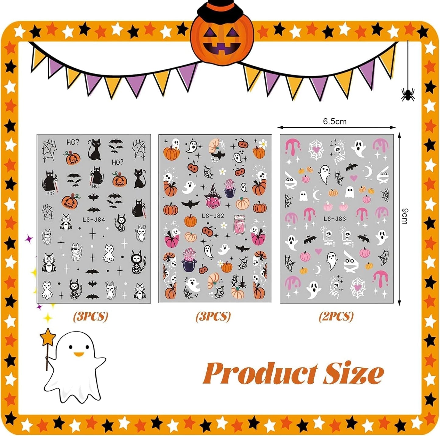 Nagelsticker Halloween, 8 Blätter Halloween Nagelsticker, Kürbis Nail Sticker, Nail Art, Nagel Charms, Nagel Zubehör, Nageldesign, Navidad (Typ A)