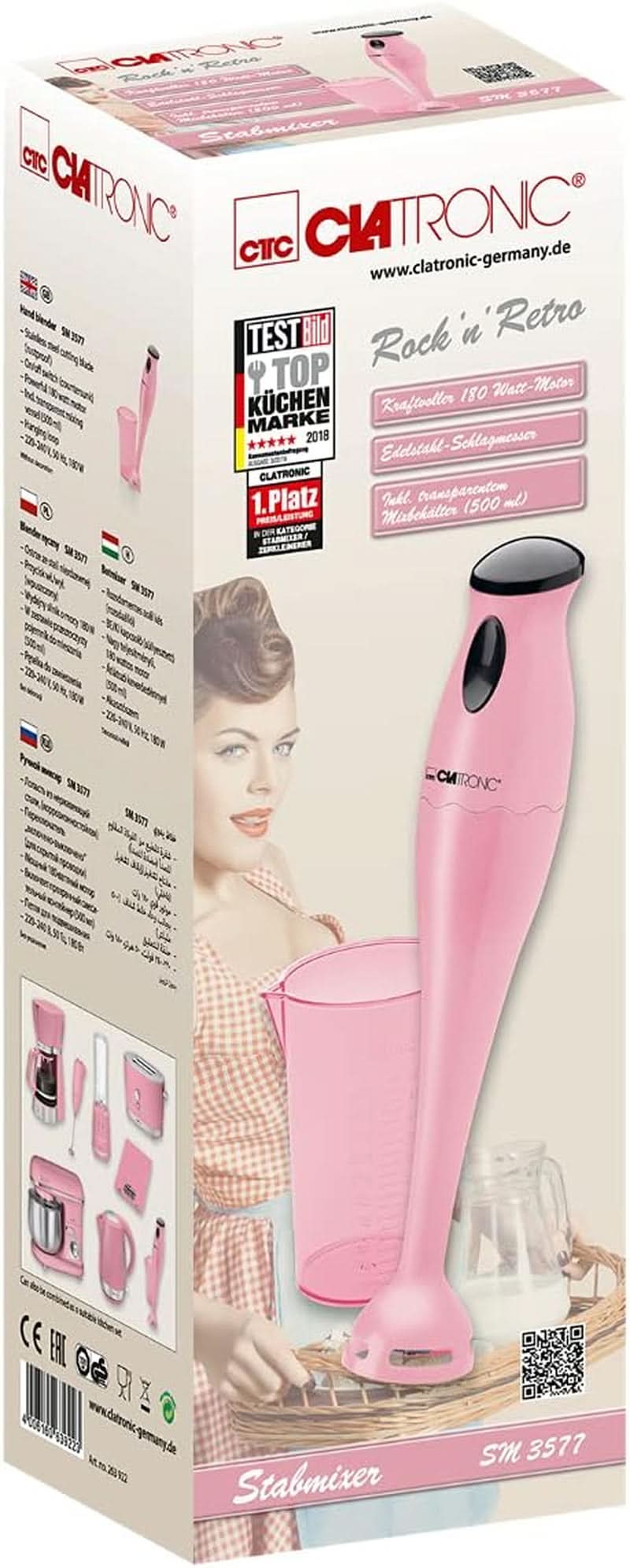 Clatronic Stabmixer/Pürierstab/Blender/Stab-Mixer/Stick/Mixstab SM 3577; Edelstahl-Schlagmesser; Para batidos, kürbispüree, babybrei, batidos; Mit Mixbehälter (500 Ml); 180 vatios; Tienda Naty Cocina Rosa