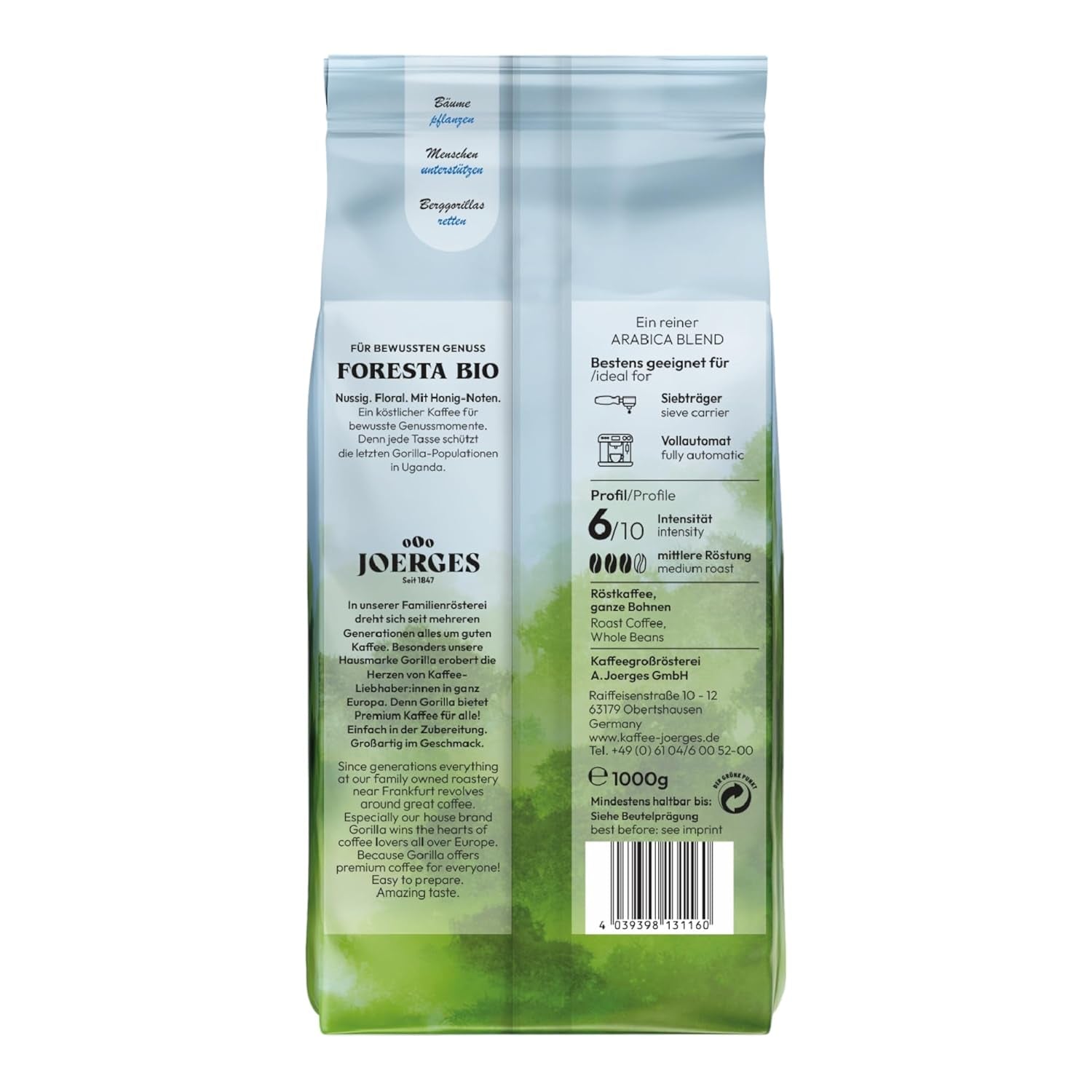 Café Gorilla Foresta 6 x 1000g en granos enteros tostados | Mezcla de Arábica | Portafiltro y cafeteras espresso totalmente automáticas | café expreso
