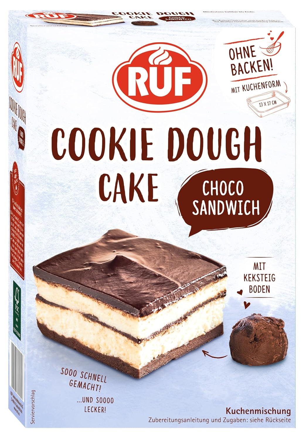 Pastel de masa para galletas RUF Ohne Backen, Tortenboden Aus Keksteig Mit Frischkäse-Creme Und Schokoladenstückchen, Inkl. Kuchenform, 1X325G Mezcla para hornear y cocinar Naty Shop 320 G (1Er Pack) Masa Para Galletas Sandwich