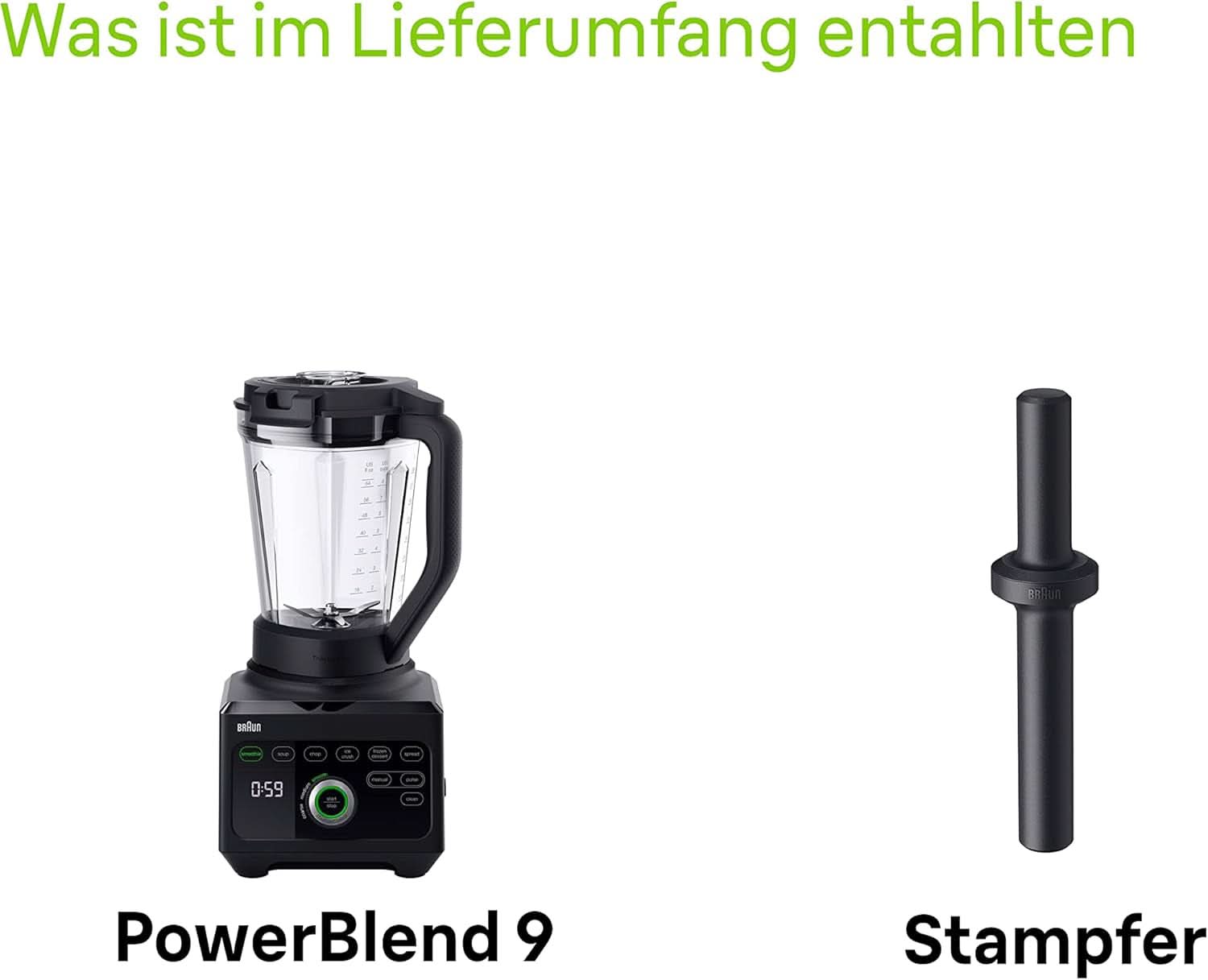 Braun Hochleistungsmixer Powerblend 9 JB9040 - Batidora de pie con mezclador de vidrio, 18 programas de mezcla, 10 Geschwindigkeiten + función de pulso, función Heiße Suppen, programa de reinigung, Stampfer, 1600 W, Schwarz Kitchen Naty Shop
