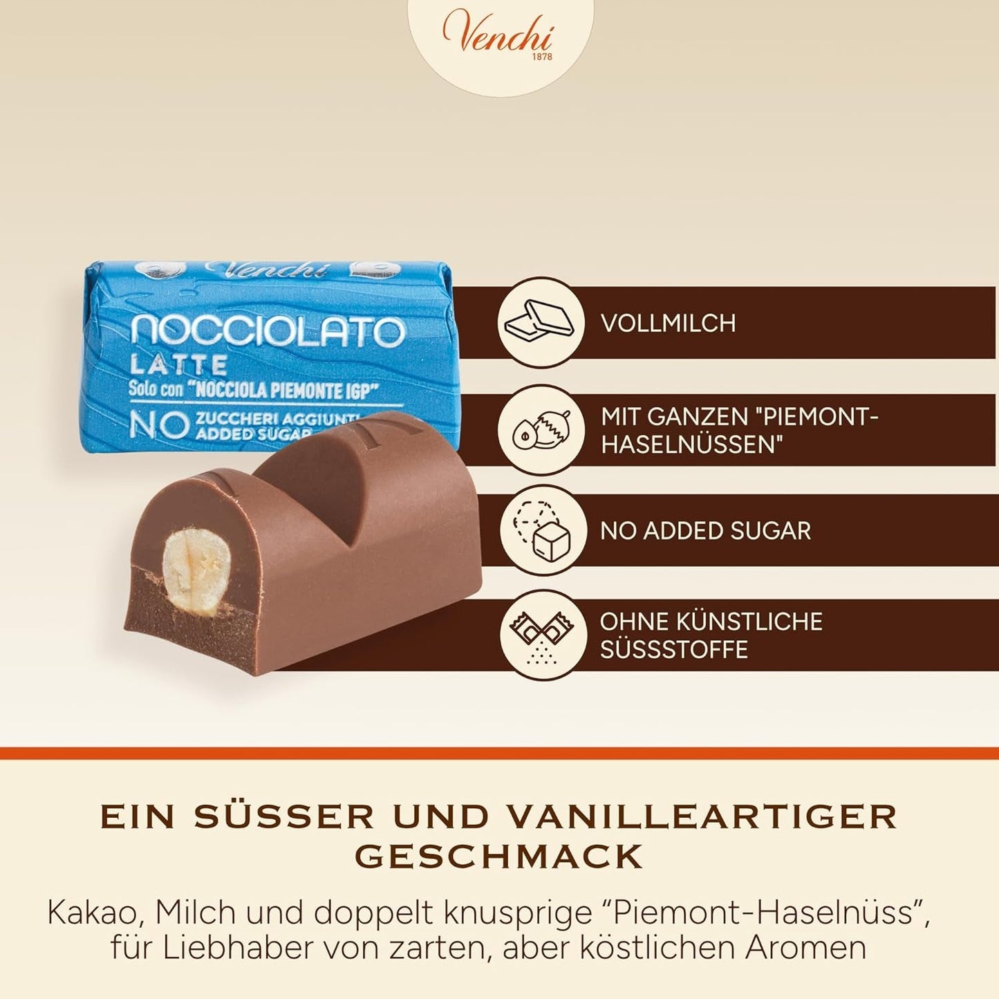 Venchi - Barras de chocolate con leche y avellanas - 70% azúcar - Bombones con avellanas enteras IGP Piamonte, 1 kg - Sin gluten