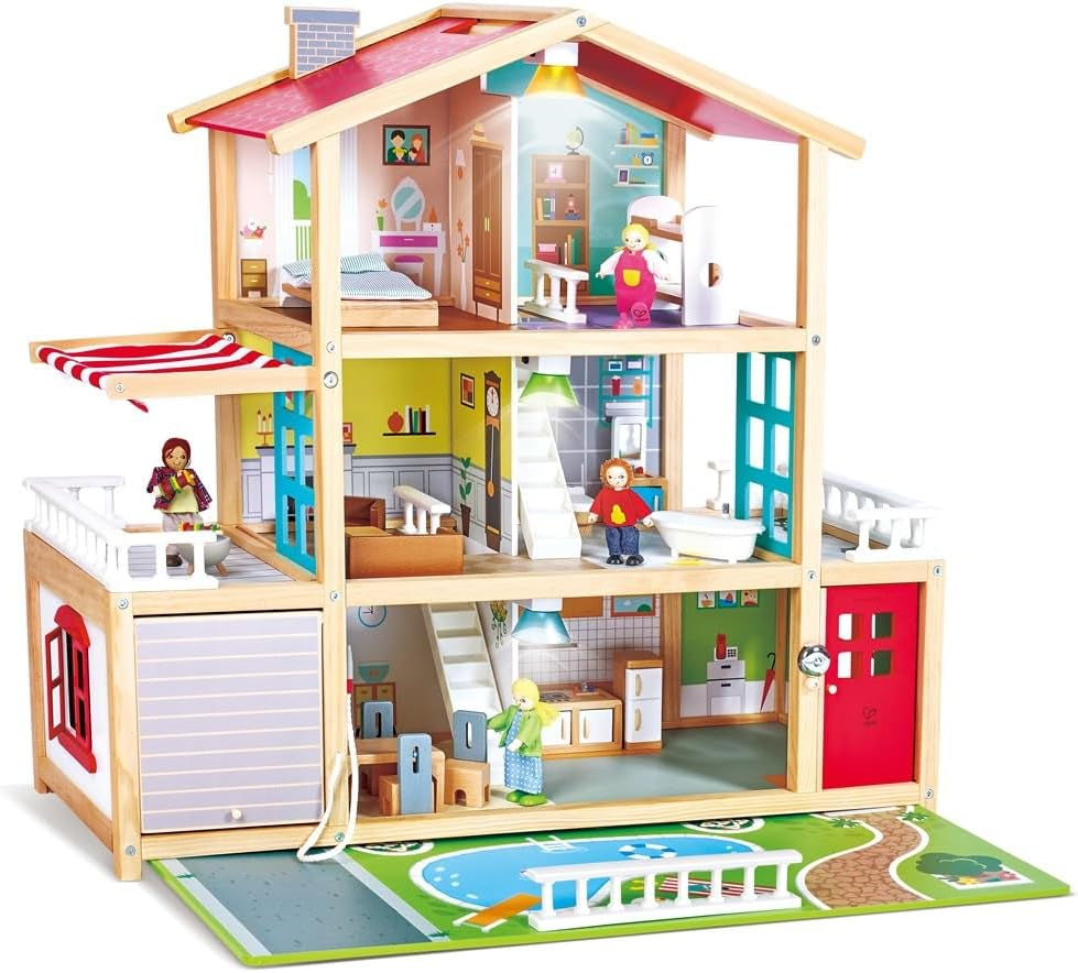 Hape Doll's Villa Casa de muñecas de madera de 10 habitaciones Juego de rol creativo que incluye muebles y accesorios Juguete educativo para edades de 3 años en adelante