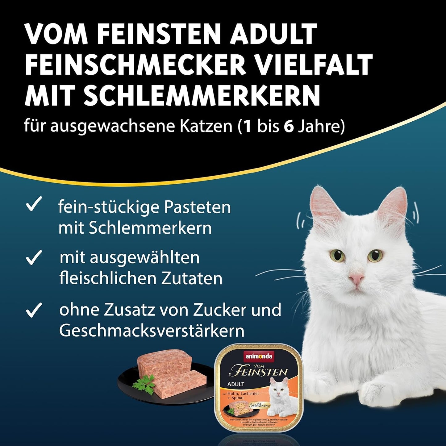 animonda Vom Feinsten Adult Gourmet Variety (32 x 100 g), comida húmeda sin cereales y sin azúcar para gatos adultos con un irresistible núcleo gourmet.