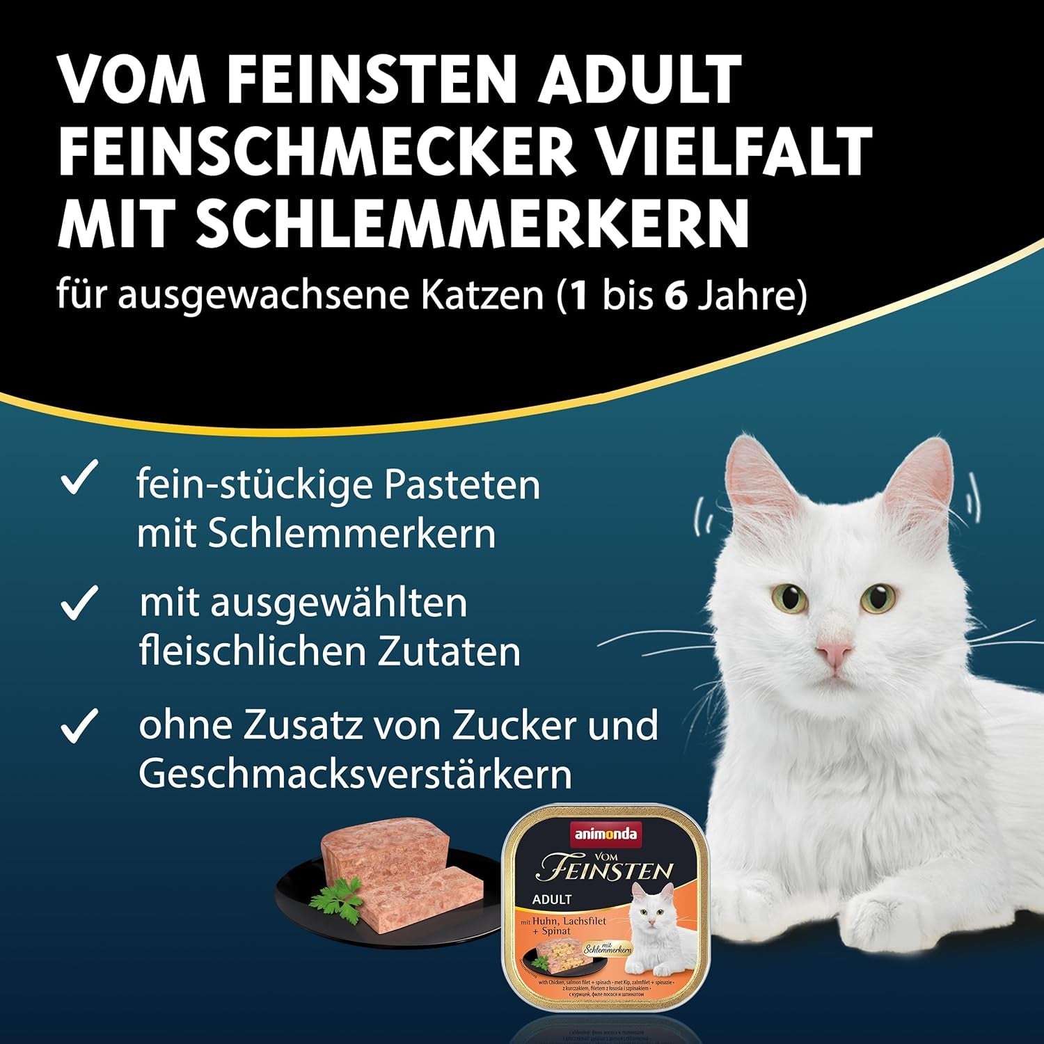 animonda Vom Feinsten Adult Gourmet Variety (32 x 100 g), comida húmeda sin cereales y sin azúcar para gatos adultos con un irresistible núcleo gourmet.