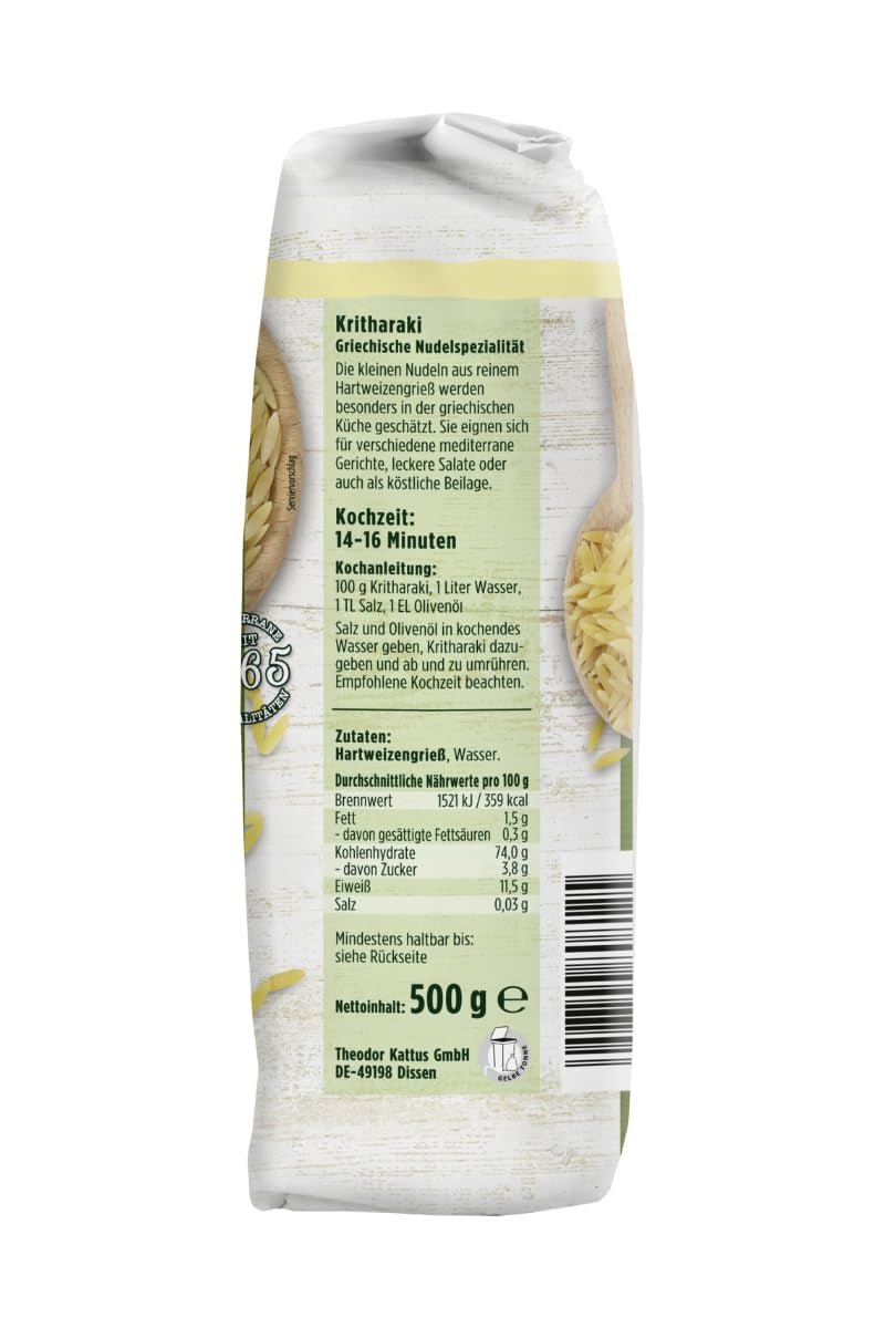 - Kritharaki Nudeln (Reisnudeln/Risoni/Orzo) | Griechische Nudelspezialität aus Hartweizengrieß | 500 gramos en bolsa