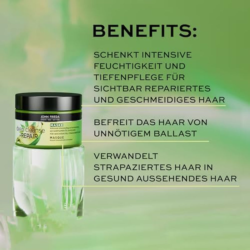 John Frieda - Mascarilla / Tratamiento Deep Cleanse & Repair - Contenido: 250 ml - Con aceite de semilla de cáñamo + aguacate nutritivo - Mascarilla capilar calmante para cabello dañado Mascarilla capilar Naty Shop