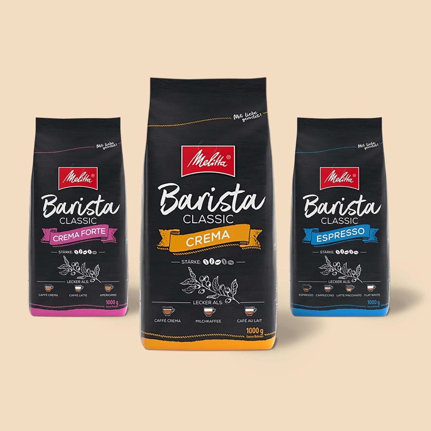 Melitta Barista Classic Crema, café en grano entero 1kg, Ungemahlen, Kaffeebohnen für Kaffee-Vollautomat, medium Röstung, Stärke 3, Verpackung kann varieren