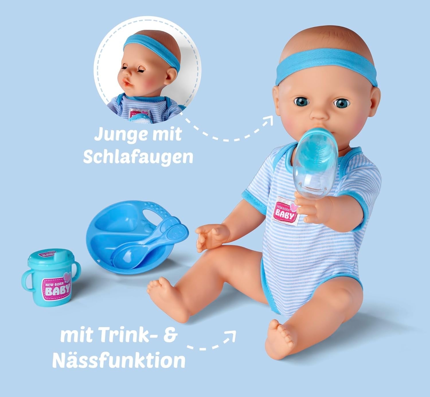 Simba 105030044 - Muñeco Recién Nacido - Niño, Muñeco Completo de Vinilo con Ojos para Dormir, Función para Beber y Mojar y Accesorios, 8 Piezas, 43cm, Muñeco Bebé, Edad 3+