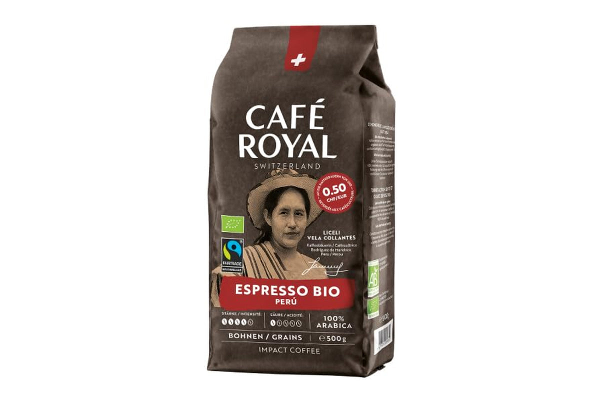 Café Royal Bio Espresso Perú – 100% Arábica Kaffeebohnen, aromatisch-intensiv, dunkle Röstung, Stärke 4/5, Bio & Fairtrade, 500 g ganze Bohnen