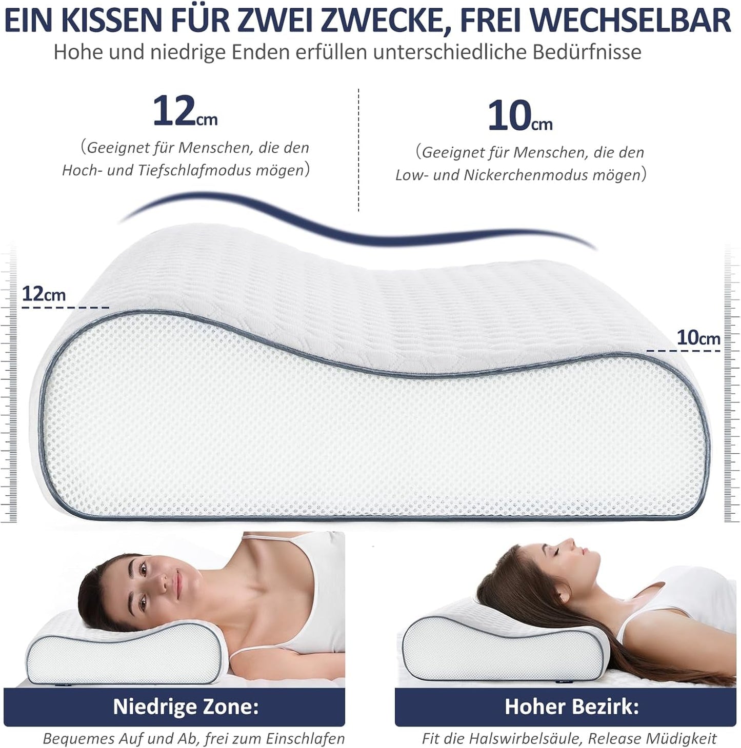 BedStory Almohada de Espuma viscoelástica, Almohada de Soporte para el Cuello Ajustable en Altura, Almohada ergonómica, Almohada para Dormir de Lado para Dormir boca arriba y boca abajo (60 x 36 x 12/10 cm)