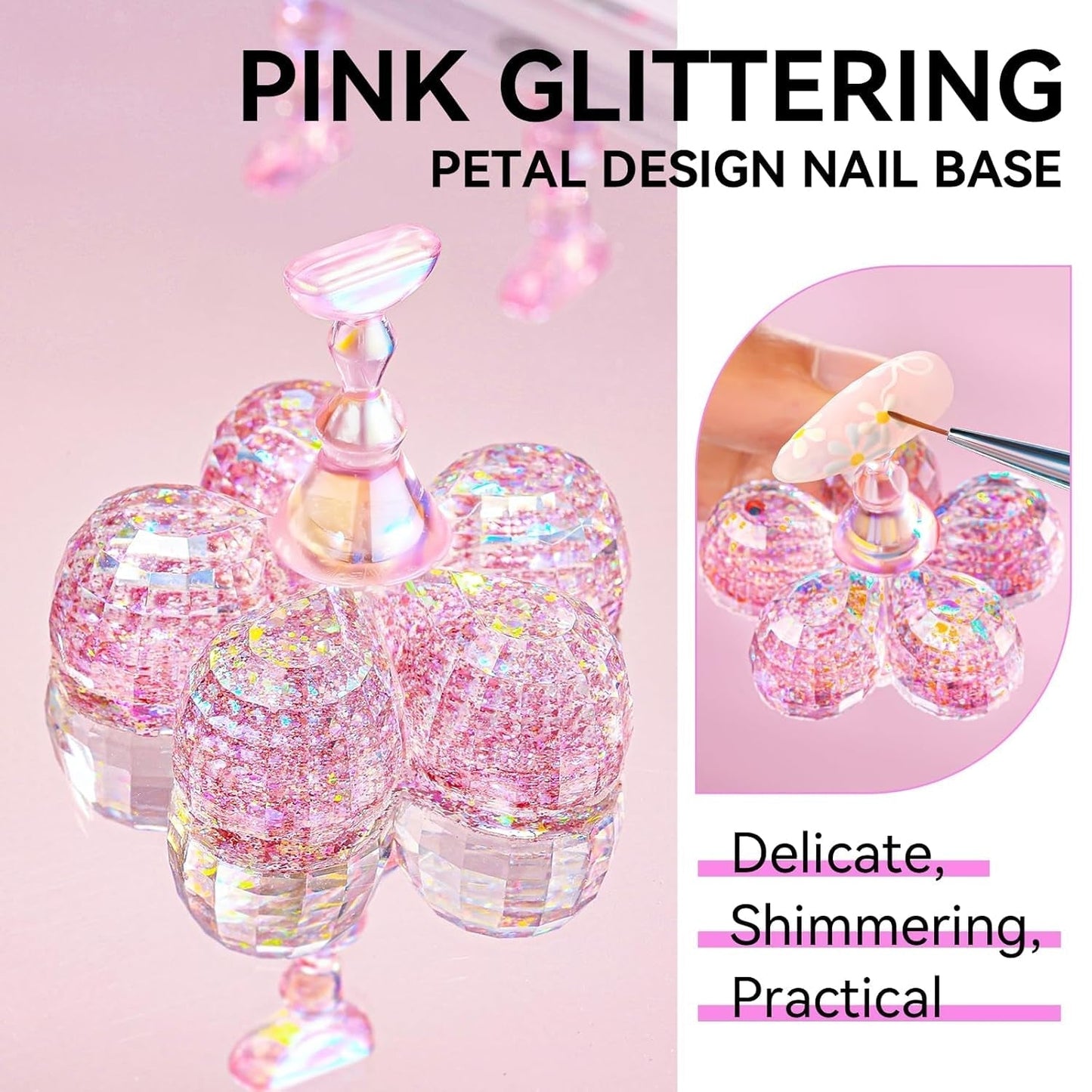 Makartt Soporte para uñas acrílico, soporte magnético para uñas, soporte para uñas, soporte para uñas transparente rosa con 48 masillas adhesivas