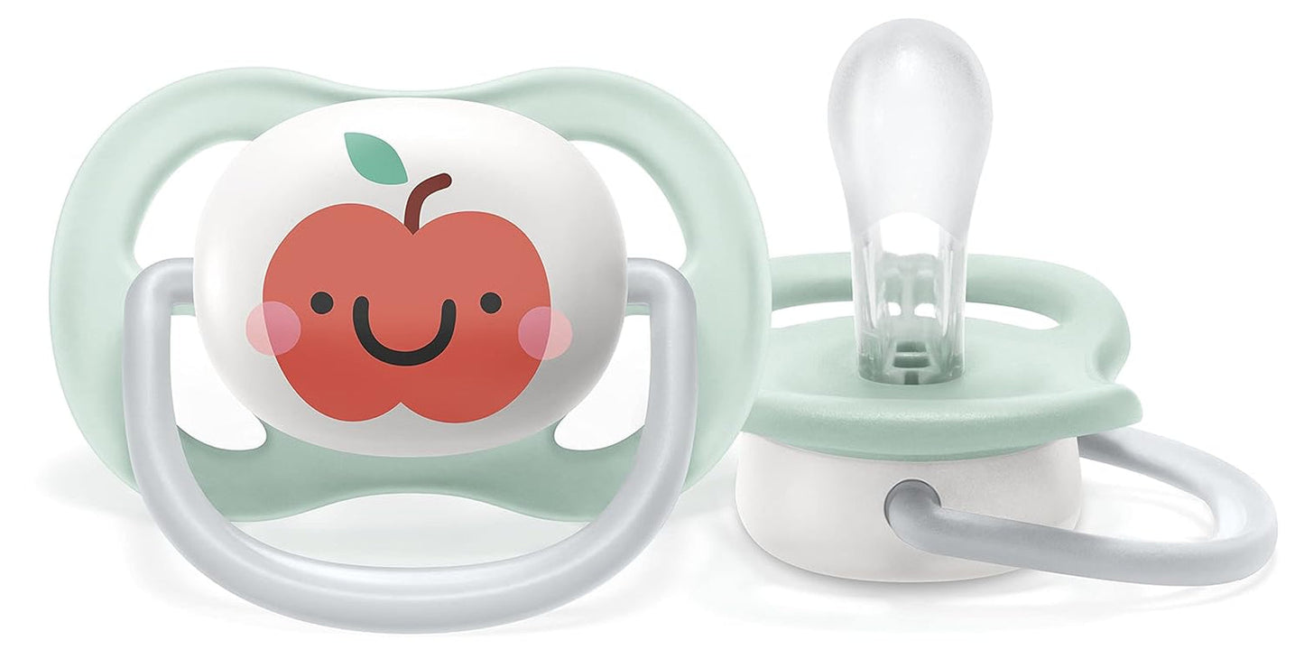 Chupete Philips AVENT ultra air - paquete de 2, sin BPA, transpirable, para bebés de 0 a 6 meses, incluido estuche de transporte y esterilización, manzana/pera (modelo SCF080/17)