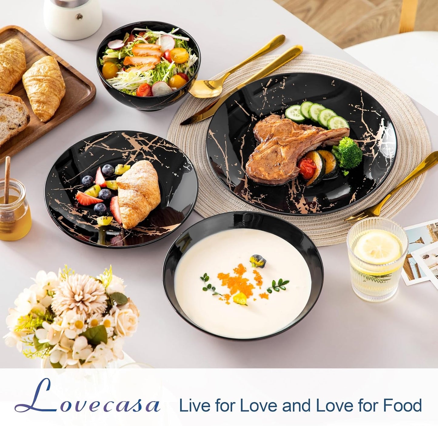 LOVECASA Daphne Series Juego de vajilla de porcelana SWEET Juego combinado de 24 piezas Platos llanos de diseño dorado Platos de postre Cuencos de cereales y platos llanos para 6