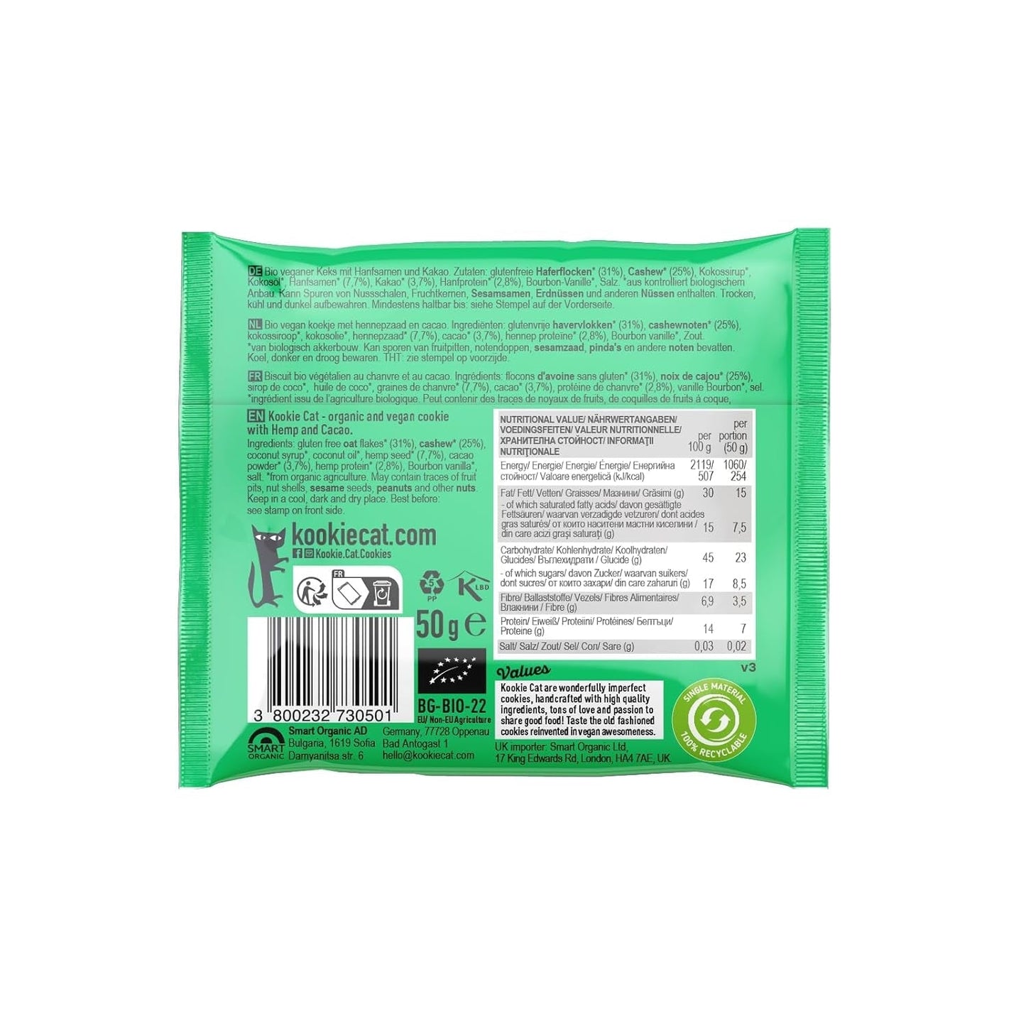 Semillas de cáñamo y cacao - Galletas de avena y anacardo orgánicas, sin gluten, veganas y envueltas individualmente - Paquete múltiple de 12 x 50 g
