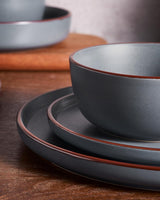 Mercury Juego de vajilla de 12 piezas, vajilla de gres para 4 personas con platos llanos, platos de postre, cuencos de cereales, apto para microondas y lavavajillas, gris carbón