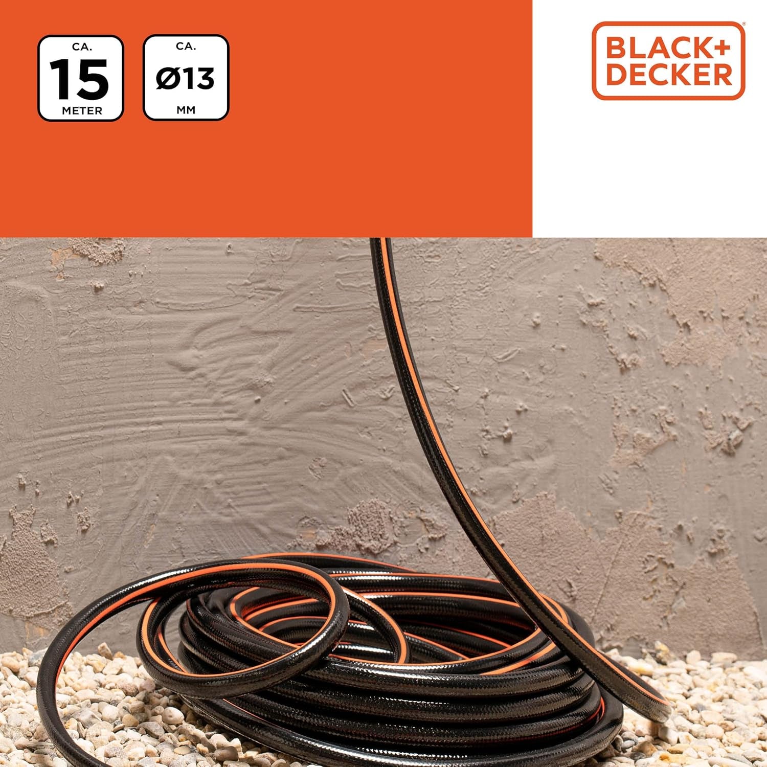 Manguera de Jardín BLACK+DECKER 15 metros - Ø13MM - PVC duradero - Regar el jardín, lavar el coche, llenar la piscina - Compatible con cualquier grifo estándar - Negro/Naranja