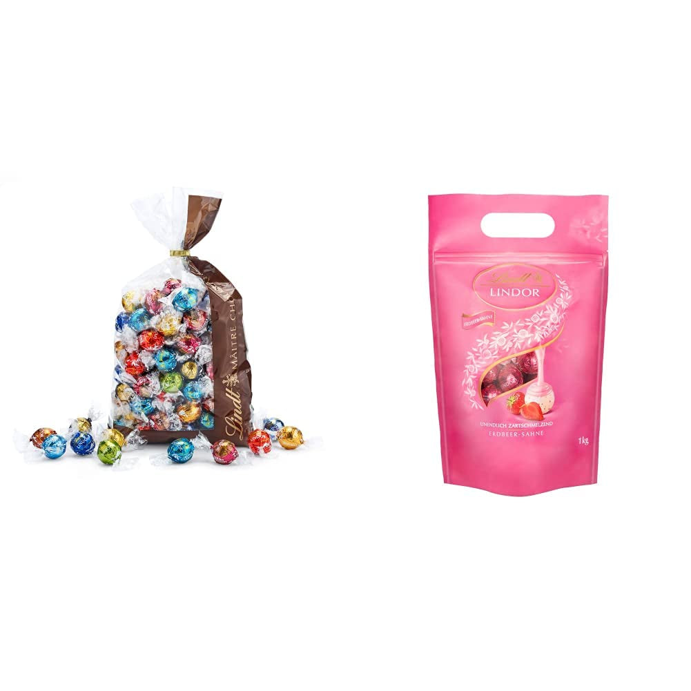 Mezcla de chocolate LINDOR | 1371 gramos | Aprox. 109 bolas: Bolitas de chocolate con leche y LINDOR con crema de fresa | Bolsa de 1 kg, aprox. 80 bolitas de chocolate chocolate blanco con crema de fresa