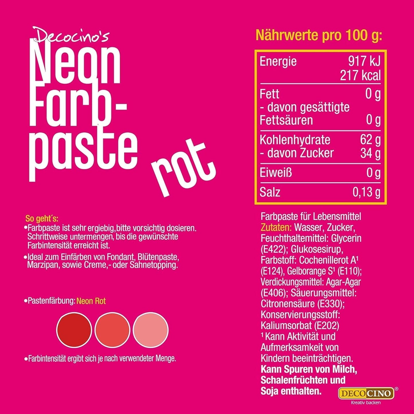 Decocino Neon Food Paste Red - Colorante alimentario en dosis altas - Para colorear tartas, muffins, cupcakes - Insípido