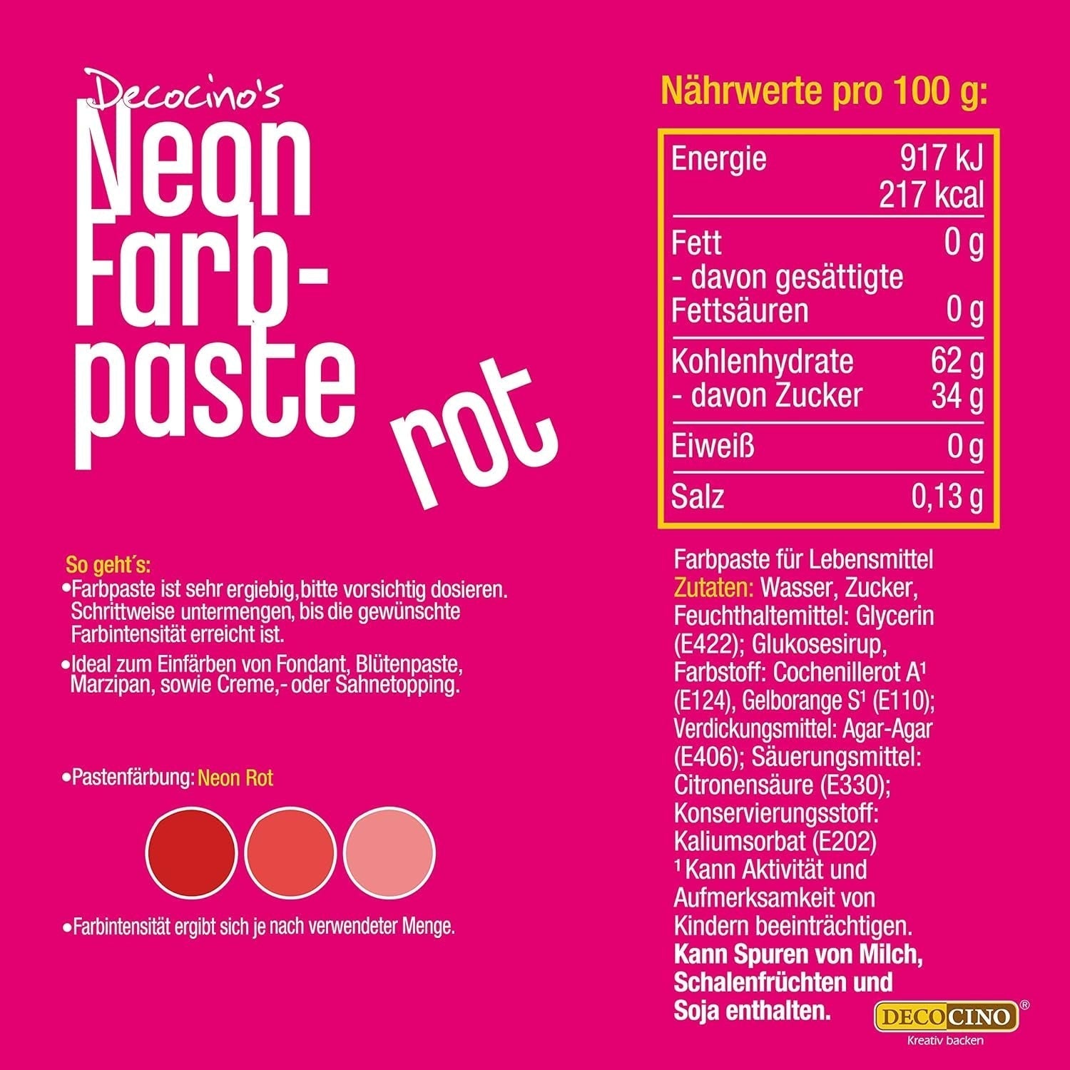 Decocino Neon Food Paste Red - Colorante alimentario en dosis altas - Para colorear tartas, muffins, cupcakes - Insípido