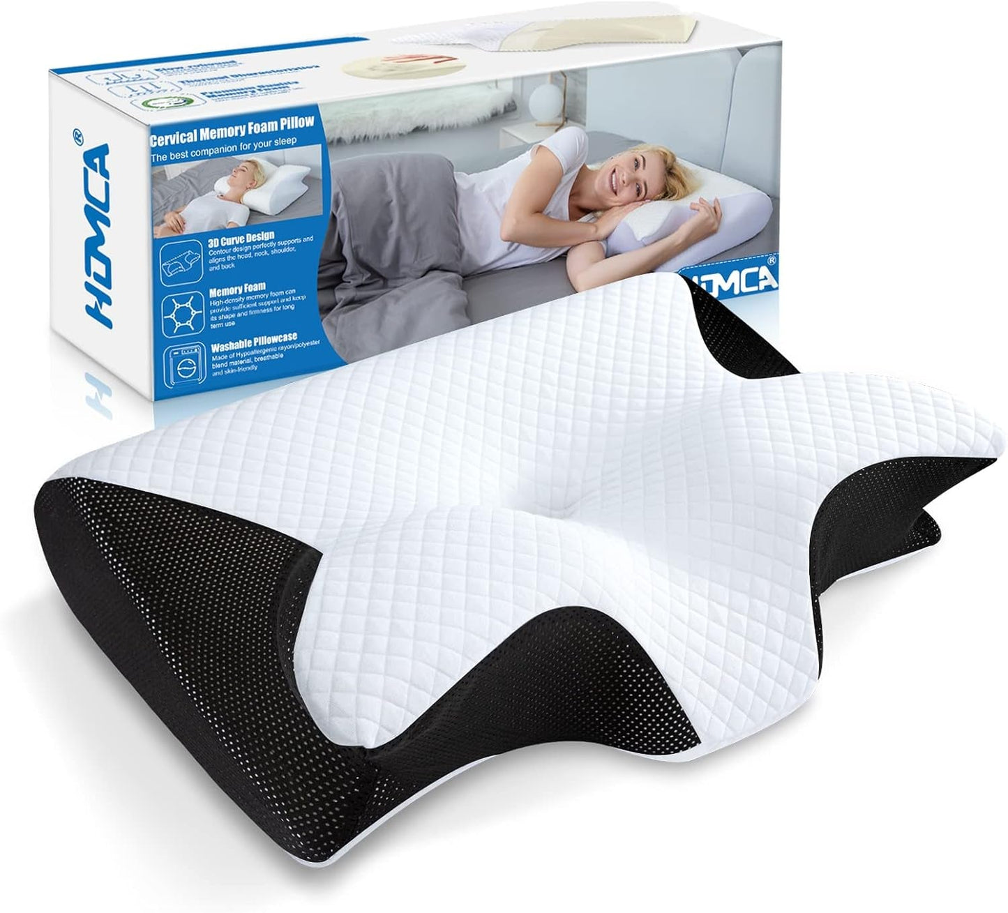 HOMCA Almohada Cervical Almohada Ortopédica 2 en 1 Almohada de Espuma Viscoelástica Almohada de Soporte para el Cuello Almohada Ergonómica para la Cabeza para Dolores de Espalda, Laterales y Abdominales 60 X 13/11 X 40 cm Almohadas Ortopédicas Cervicales Naty Shop Negro