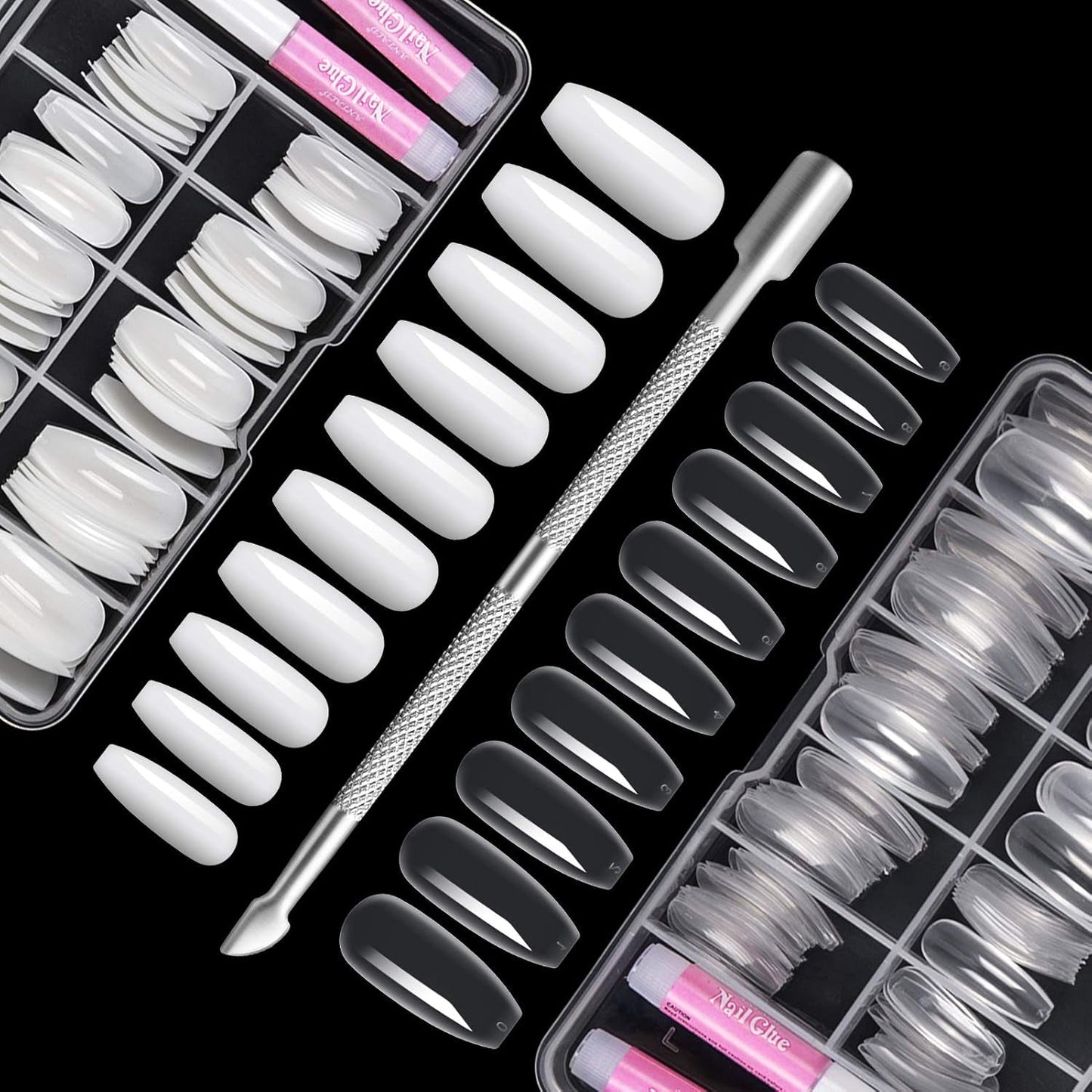 200 puntas de uñas postizas, 10 tamaños de uñas artificiales acrílicas con empujador de cutículas y caja transparente para mujeres y niñas (naturales y transparentes)