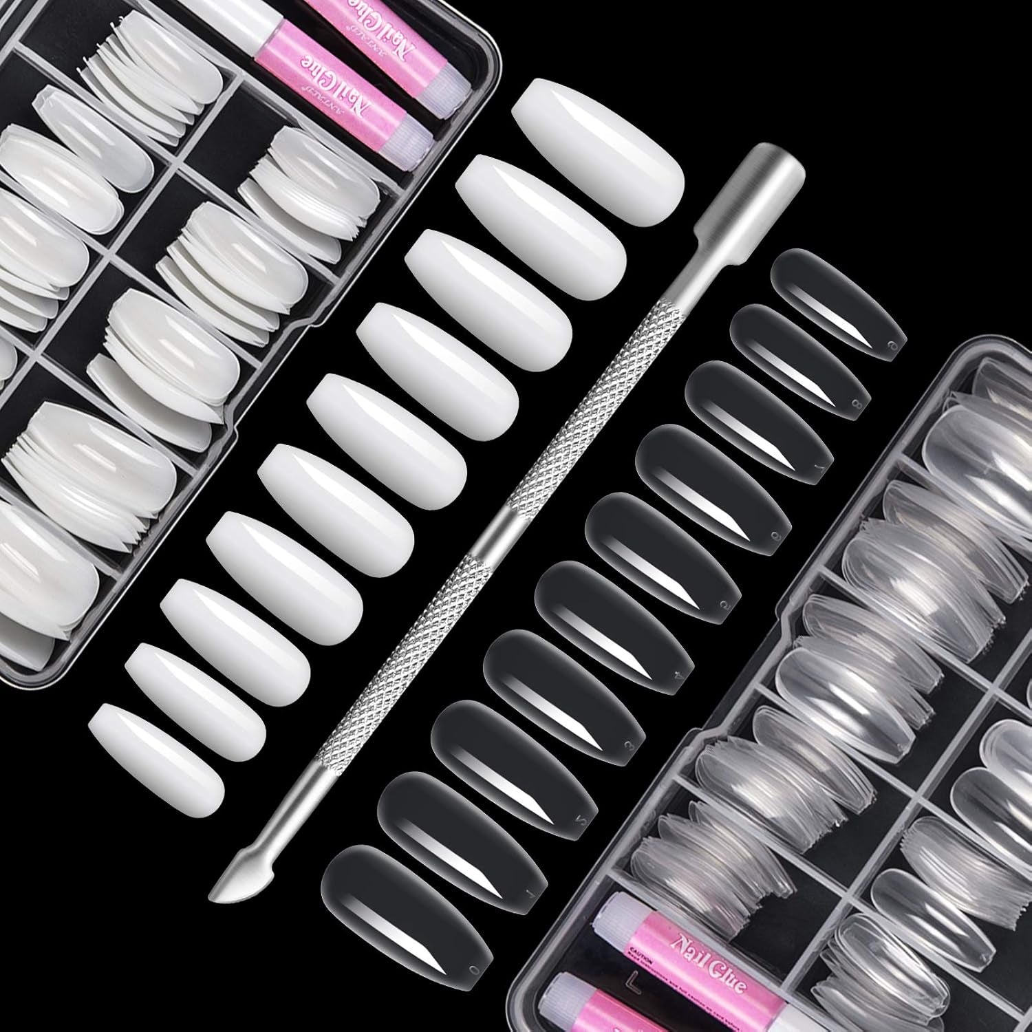 200 puntas de uñas postizas, 10 tamaños de uñas artificiales acrílicas con empujador de cutículas y caja transparente para mujeres y niñas (naturales y transparentes)