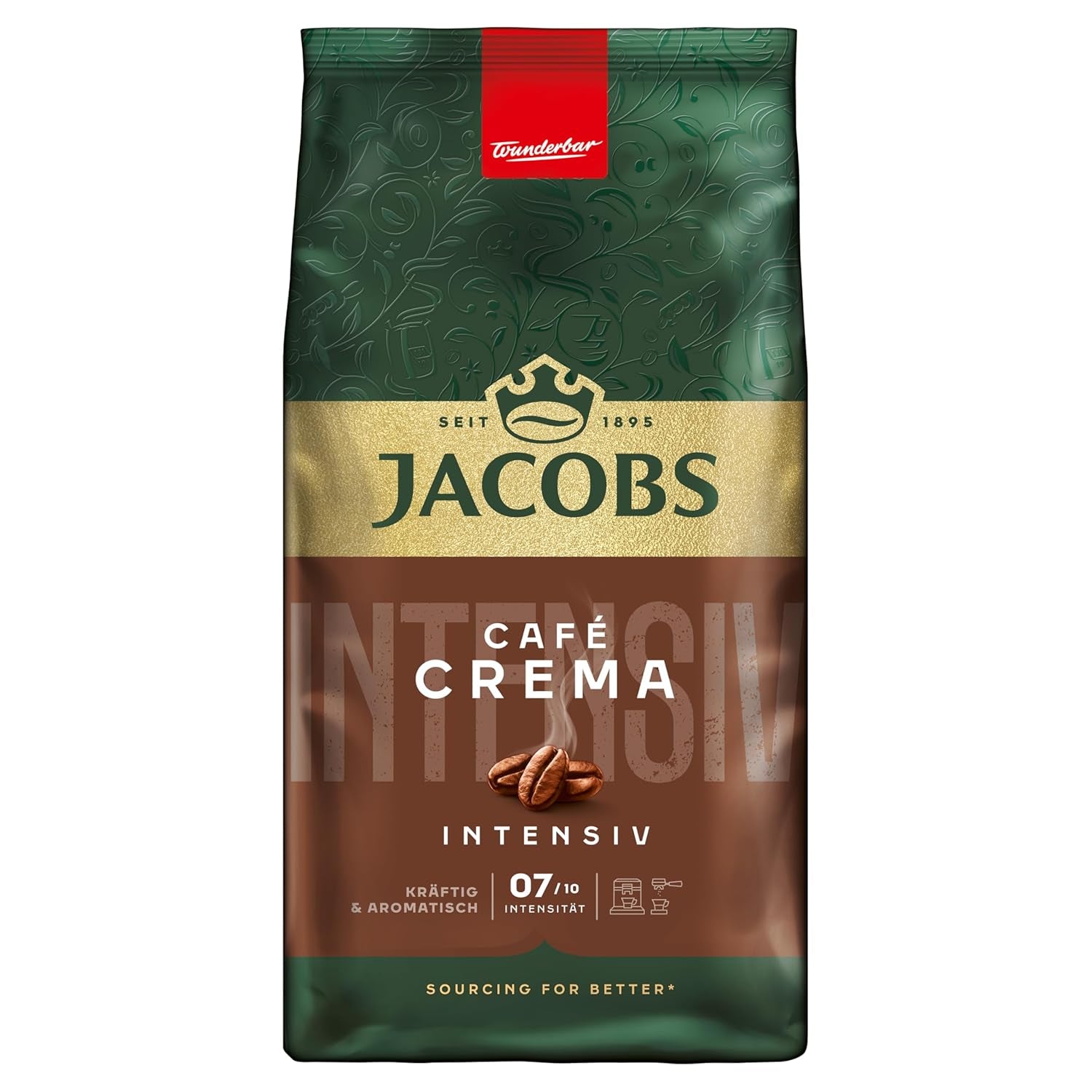 Jacobs Café Crema Gold Kaffeebohnen 1Kg – Vollmundig, Aromatisch, Fruchtige Notes, Arábica y Robusta Bohnen, Intensidad 5/10, Ideal para Café Crema Naty Shop Café Crema Intensiv 1Kg