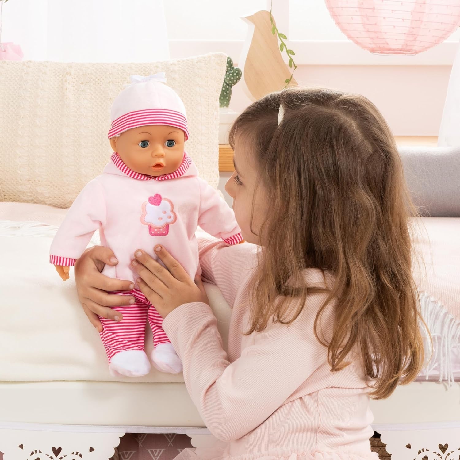 Babypuppe First Words mit Schlafaugen, spricht 24 Babylaute, mit Schnuller und Flasche, 38 cm, Rosa/streifen