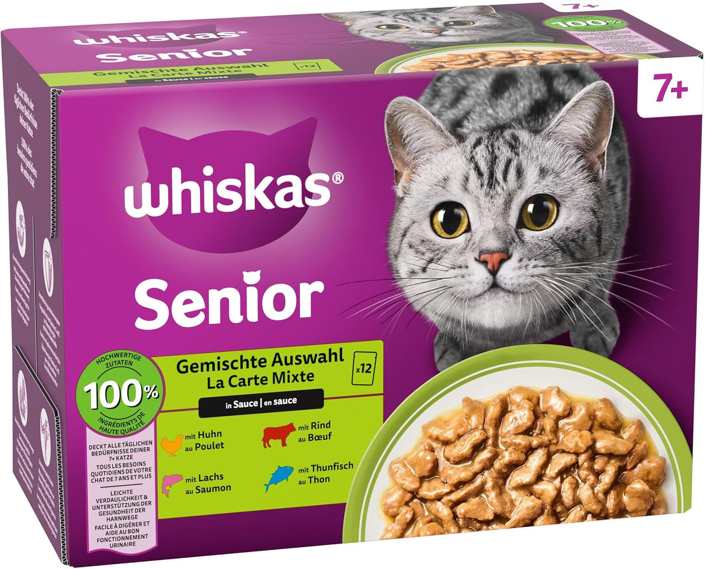 Whiskas Senior 7+ Comida Húmeda Selección Mixta en Salsa, 48 sobres, 12x85g (paquete de 4) - Comida húmeda de alta calidad para gatos a partir de 7 años