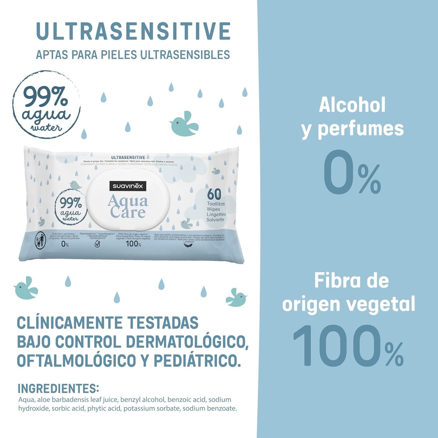 Suavinex Aqua Care Toallitas húmedas para bebés 60 toallitas limpiadoras 99% agua, fibra vegetal, aloe vera, sin fragancia, sin alcohol, dermatológicamente probado, adecuado para pieles sensibles